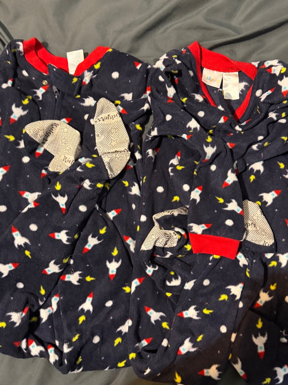 Kids Navy Rocket Print Fleece Pajamas with Red Trim